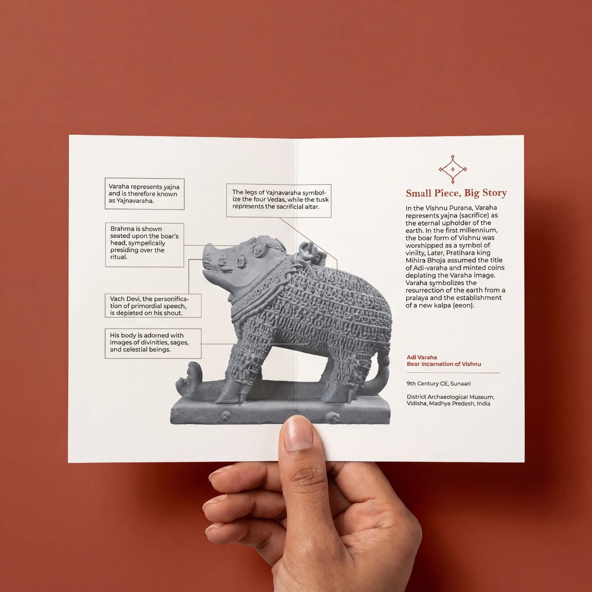 A hand holds an informational card featuring the Adi Varaha Sculpture, showcasing detailed stone-carved iconography with explanatory text labels.