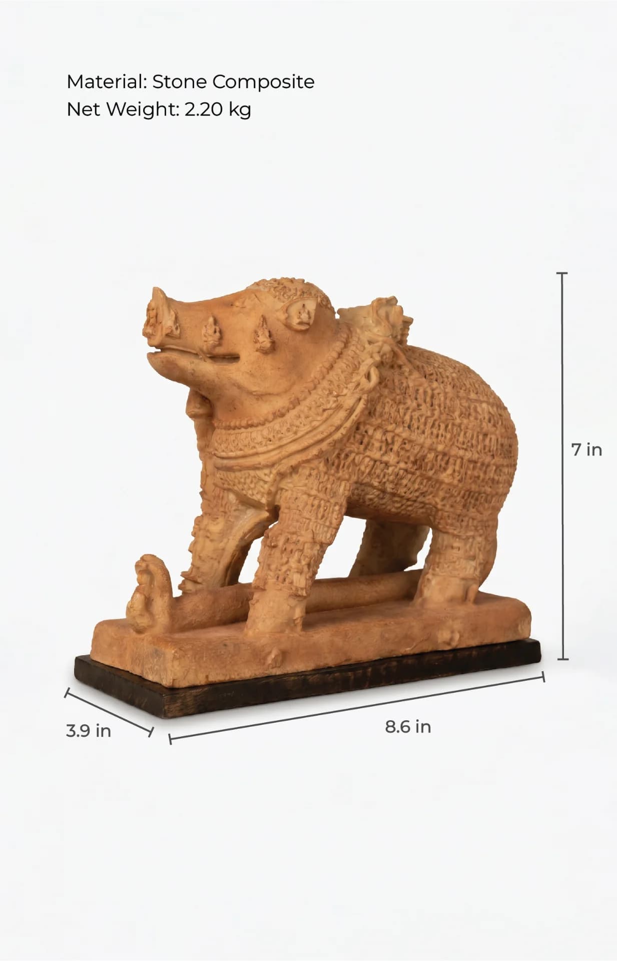 A stone composite Adi Varaha Sculpture replica shown from a three-quarter angle with annotated height, width, and depth measurements.