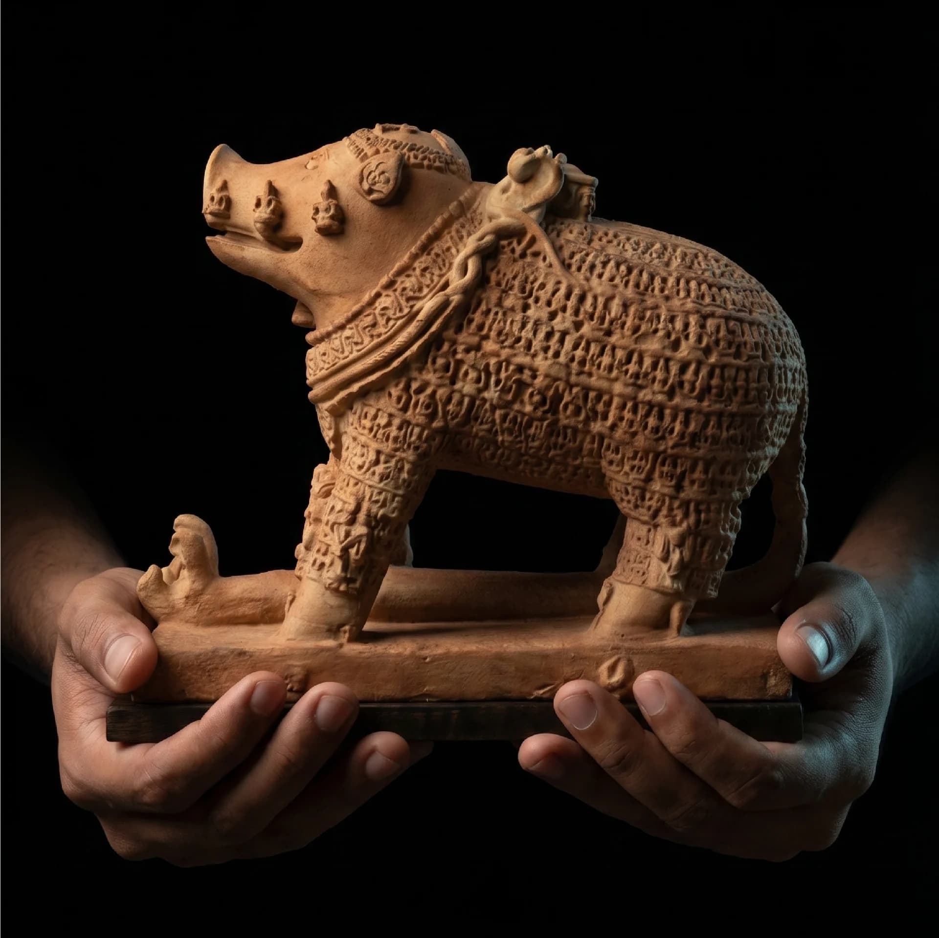 Hands hold a detailed Adi Varaha Sculpture replica, showcasing the intricate sandstone-textured carvings of the deity in profile view.