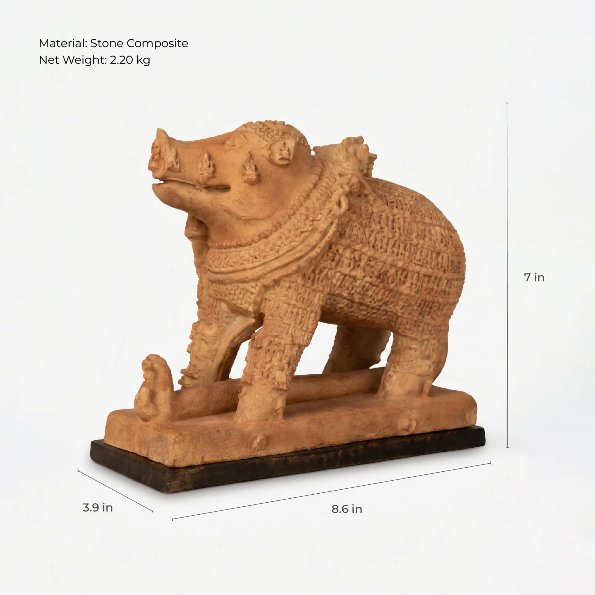 A three-quarter view of the Adi Varaha Sculpture, a detailed stone composite replica showing the deity's intricate carvings.