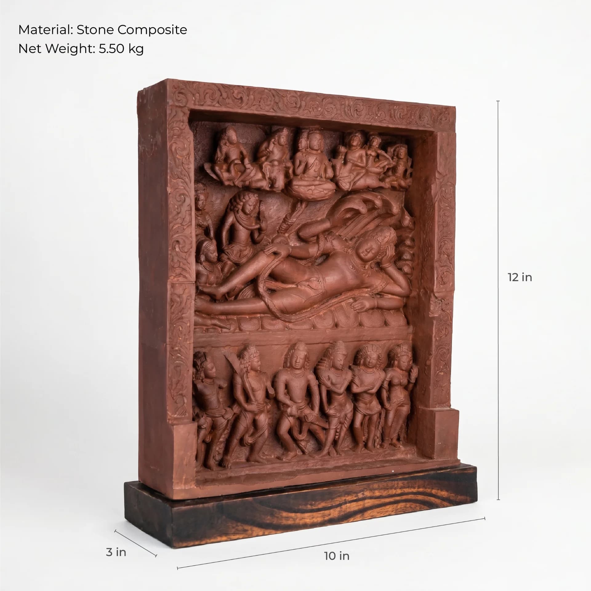 An Anantasayana Vishnu Sculpture replica in stone composite, showing the reclining deity on a cosmic serpent with detailed carved figures.