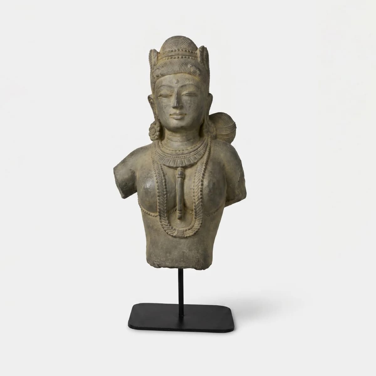 A front-facing view of the Female Figure Bust Sculpture, showcasing intricate Chola style details on hand-finished stone composite.