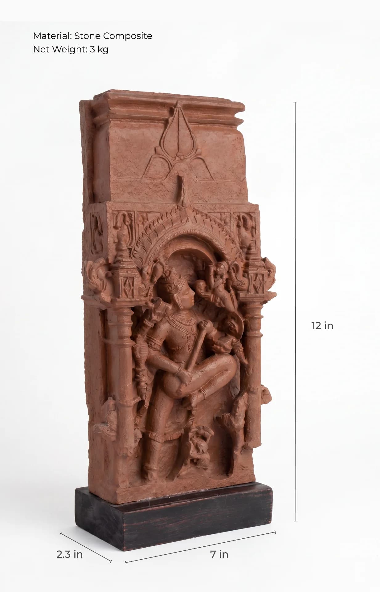 A three-quarter view of the Gajasura Vadha Sculpture, a stone composite replica showing Shiva in a dynamic temple relief.