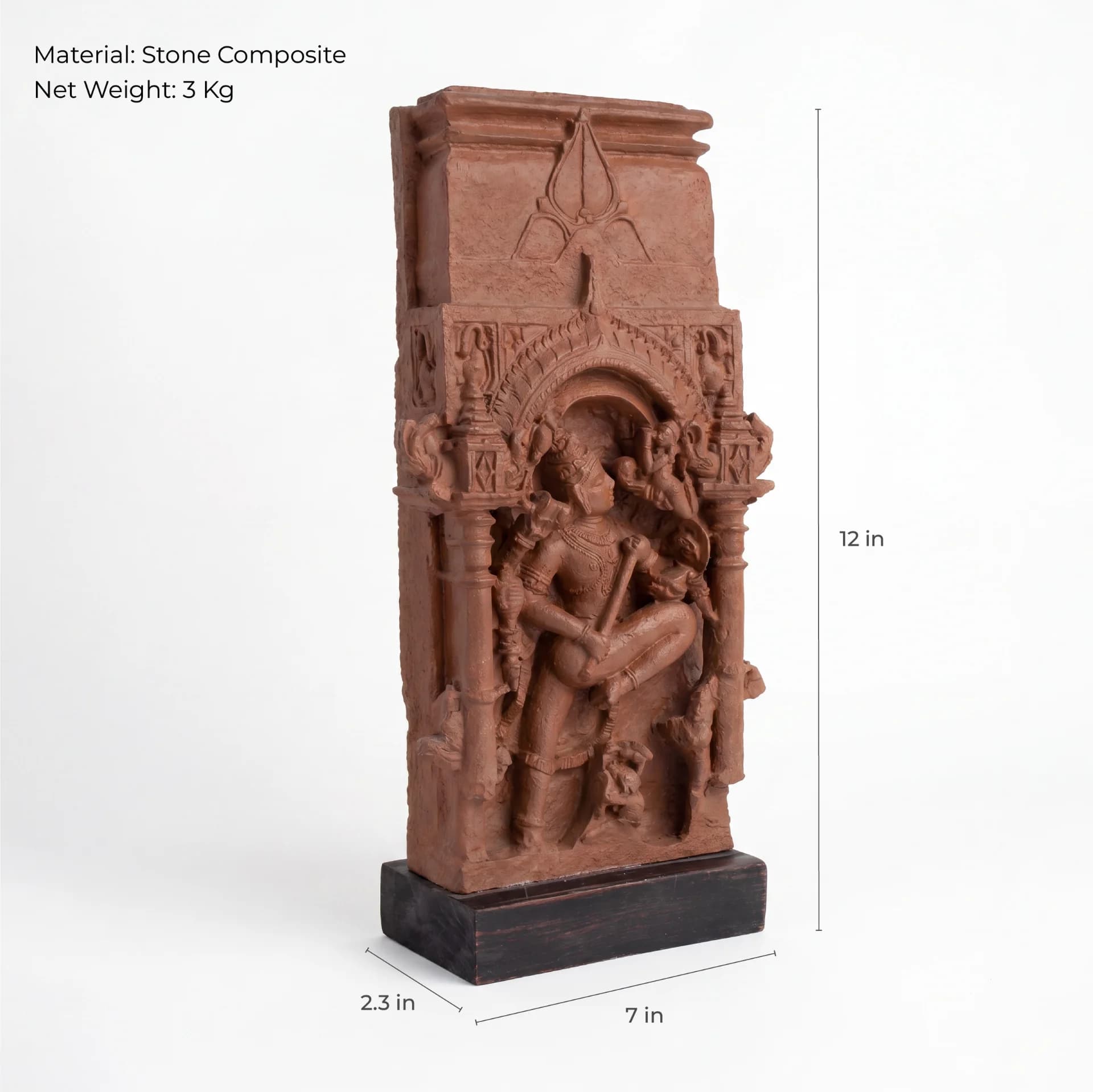 A three-quarter view of the Gajasura Vadha Sculpture, a stone composite temple relief replica showing Shiva in dynamic form.