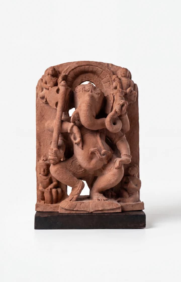 A front-facing view of the Ganesha Sculpture, a terracotta-style handcrafted replica featuring intricate temple art details on a dark base.
