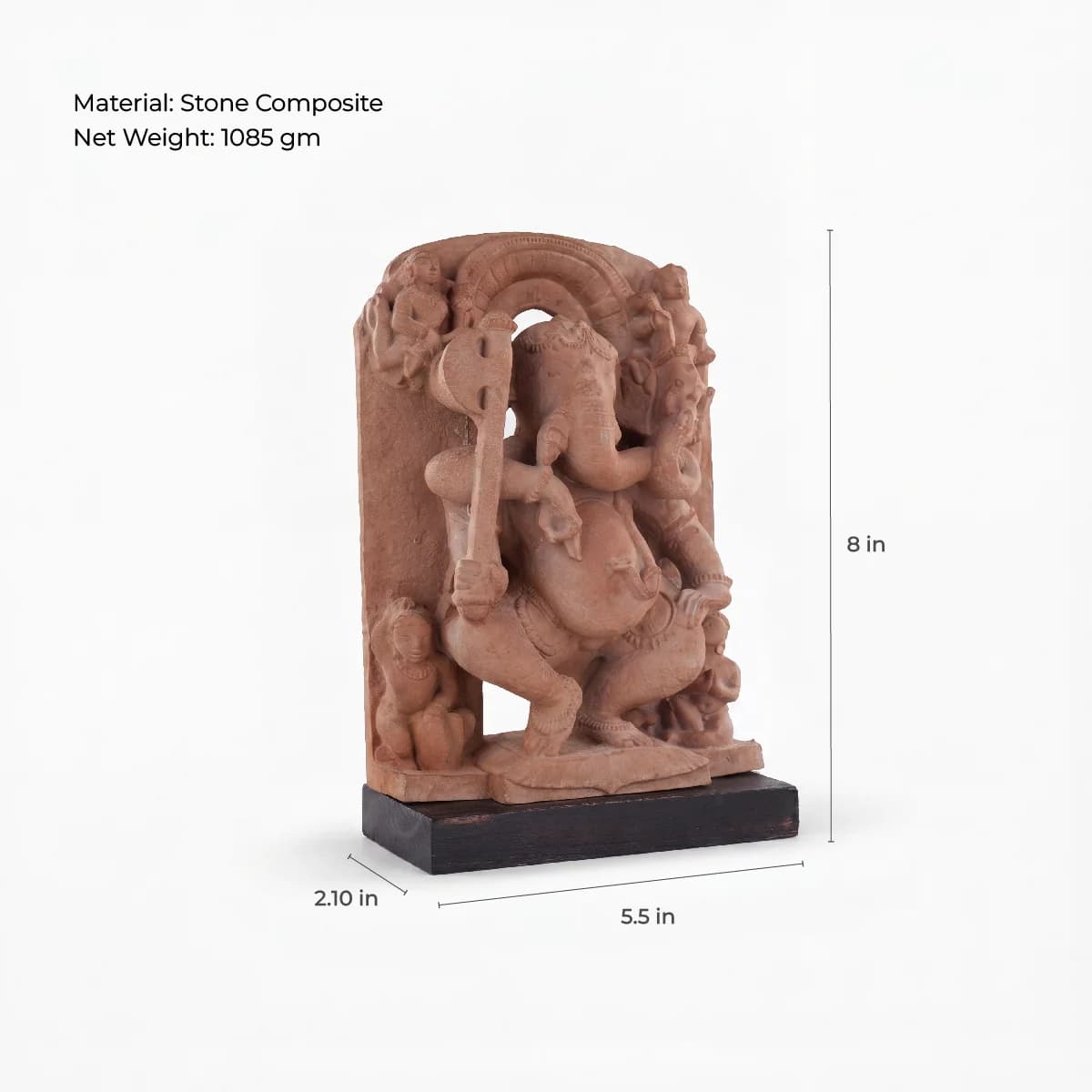 A stone composite Ganesha Sculpture replica shown from a three-quarter angle with overlaid measurement lines for scale.