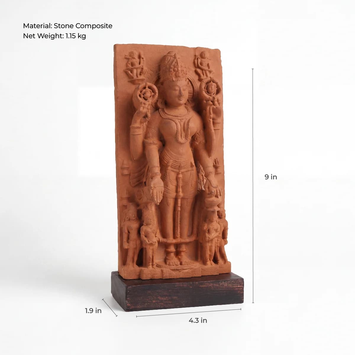 A front-view studio shot of the Gauri Parvati Sculpture, a stone composite replica showing detailed temple art dimensions.