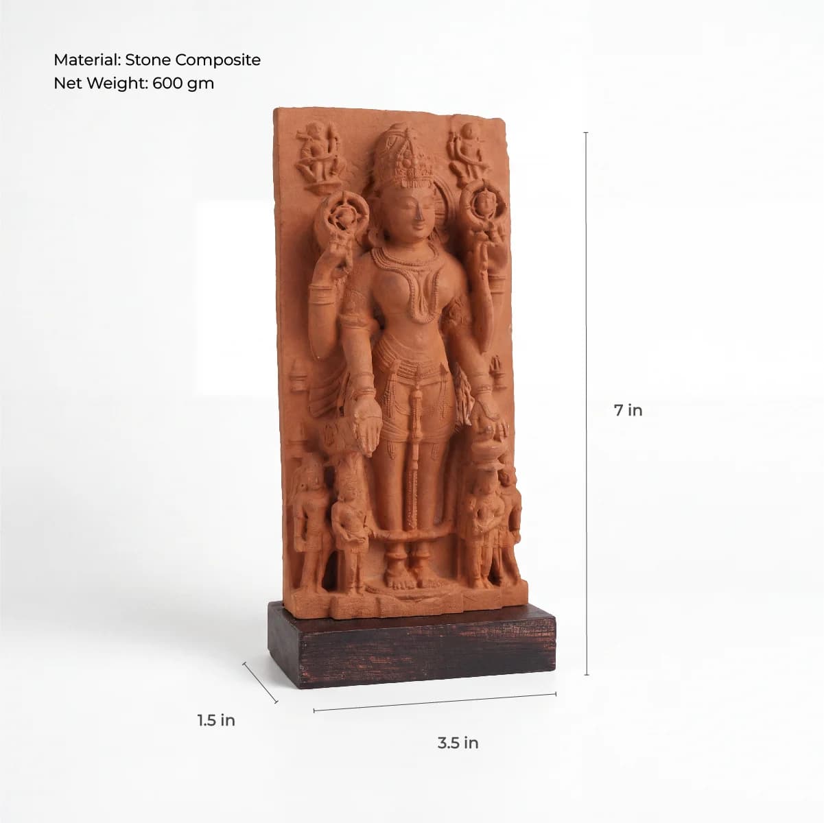 A front view of the Gauri Parvati Sculpture, a stone composite replica showing intricate temple art details with measurement annotations.