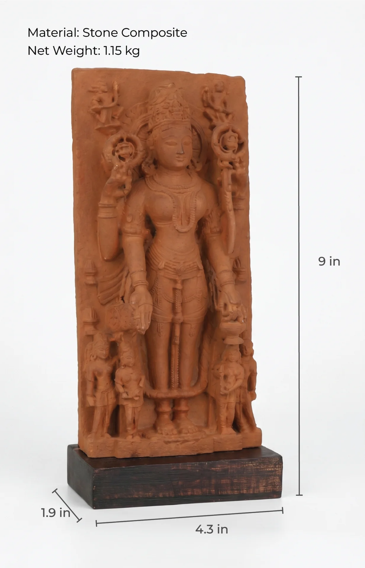 A front-view studio shot of the Gauri Parvati Sculpture, a stone composite replica featuring annotated height and width dimensions.