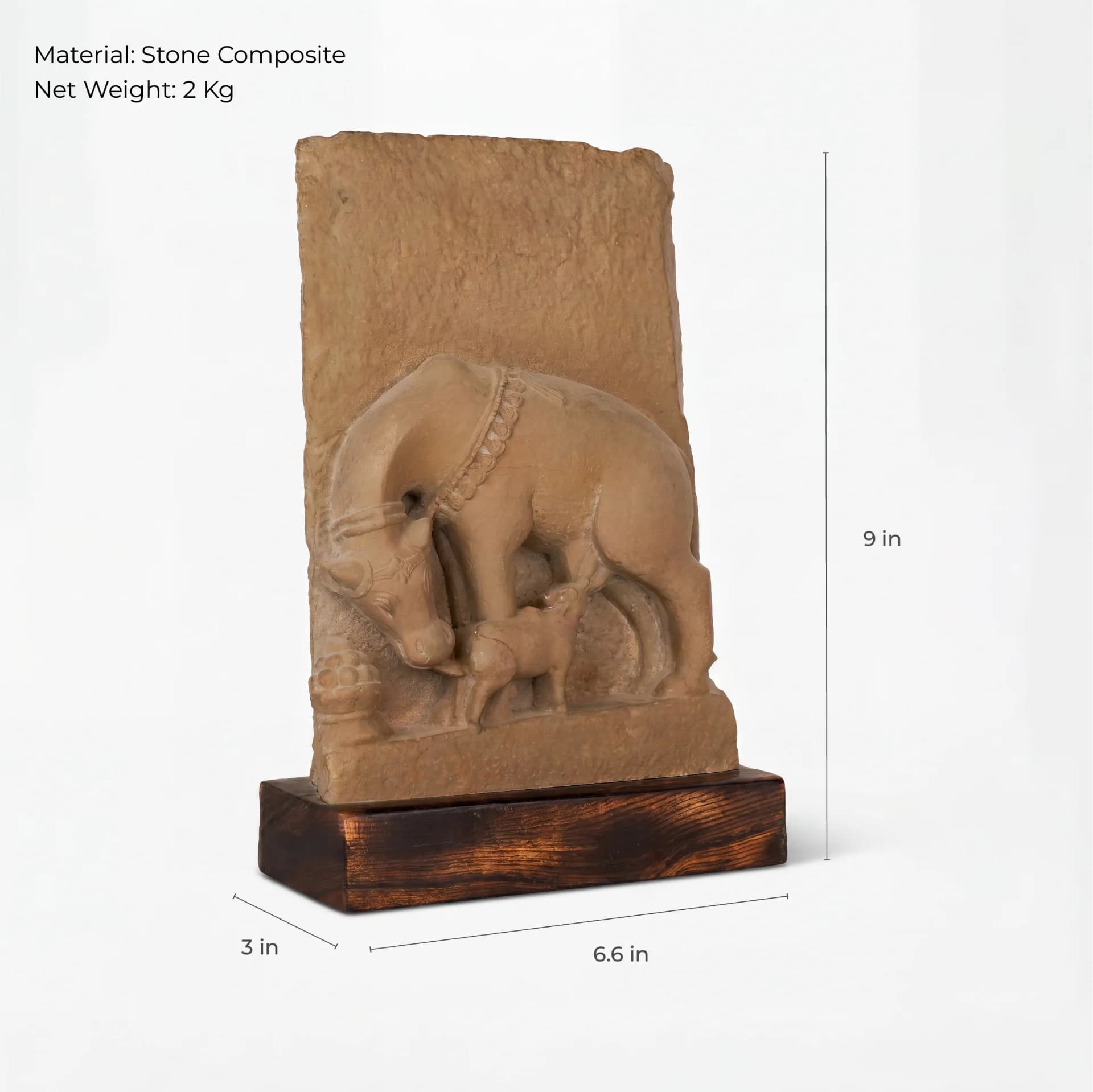 A front-view studio shot of the Kamdhenu Sculpture stone composite replica, displaying its dimensions and wooden base.