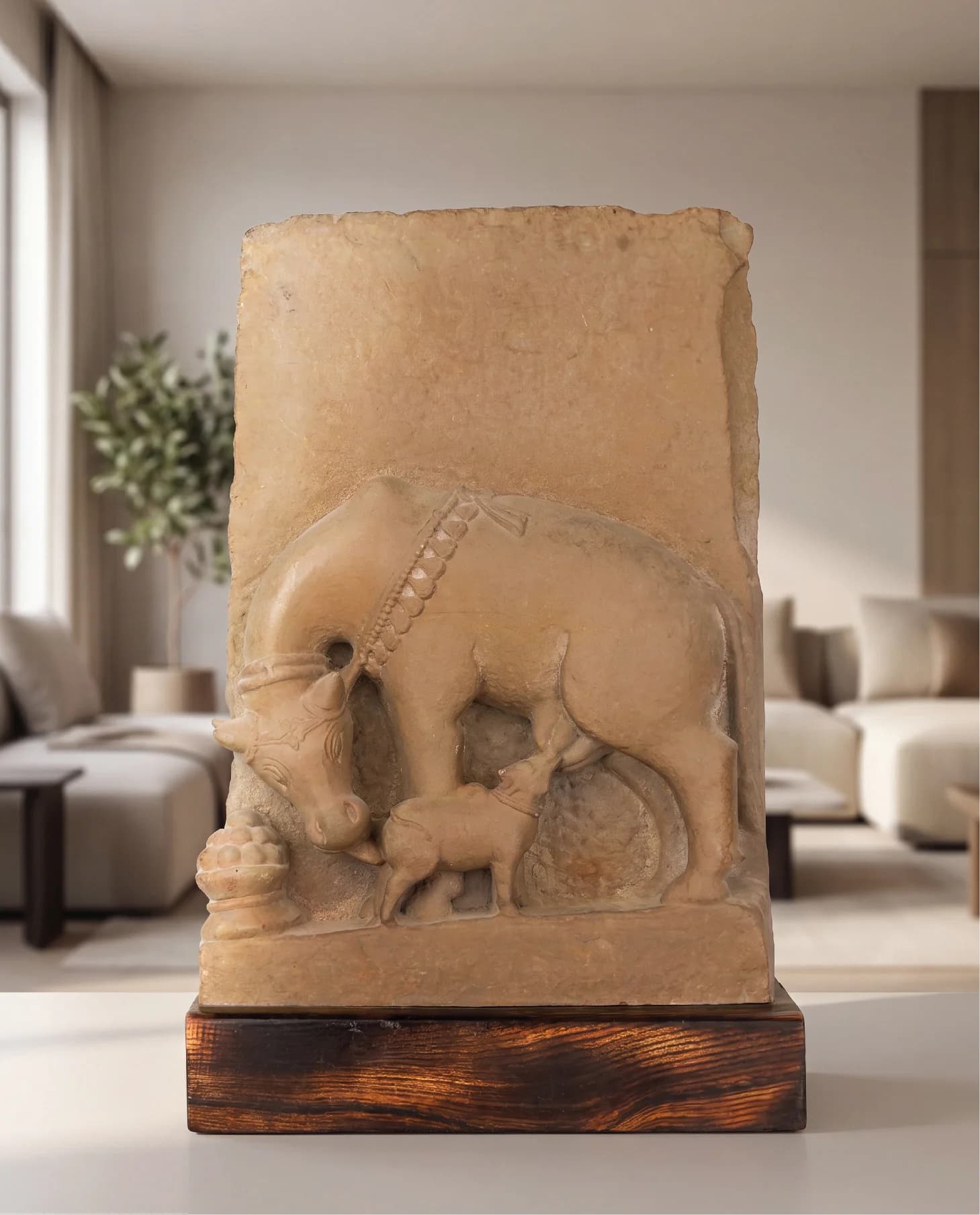 A front-facing view of the Kamdhenu Sculpture, a stone composite replica featuring a cow nursing her calf in relief.