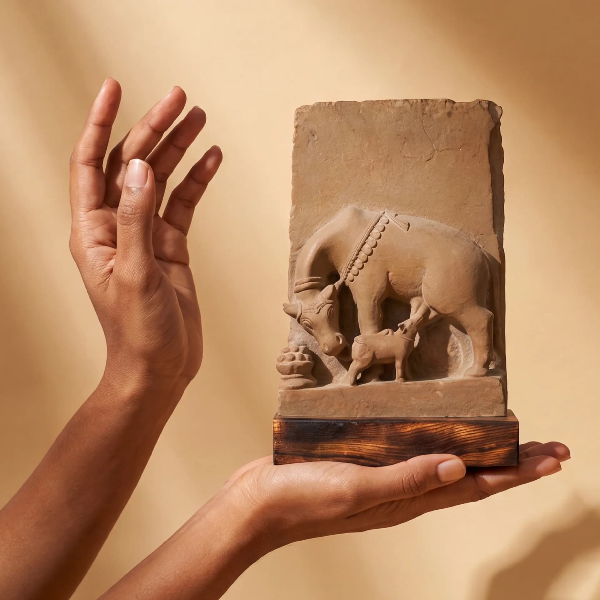 A pair of hands gently holds a hand-finished stone composite Kamdhenu Sculpture depicting a divine cow nursing her calf.