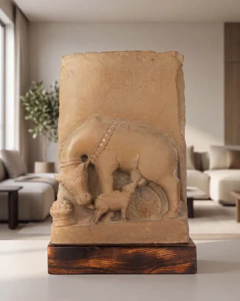 A front-facing view of the Kamdhenu Sculpture, a stone composite replica showing a divine cow nursing her calf.