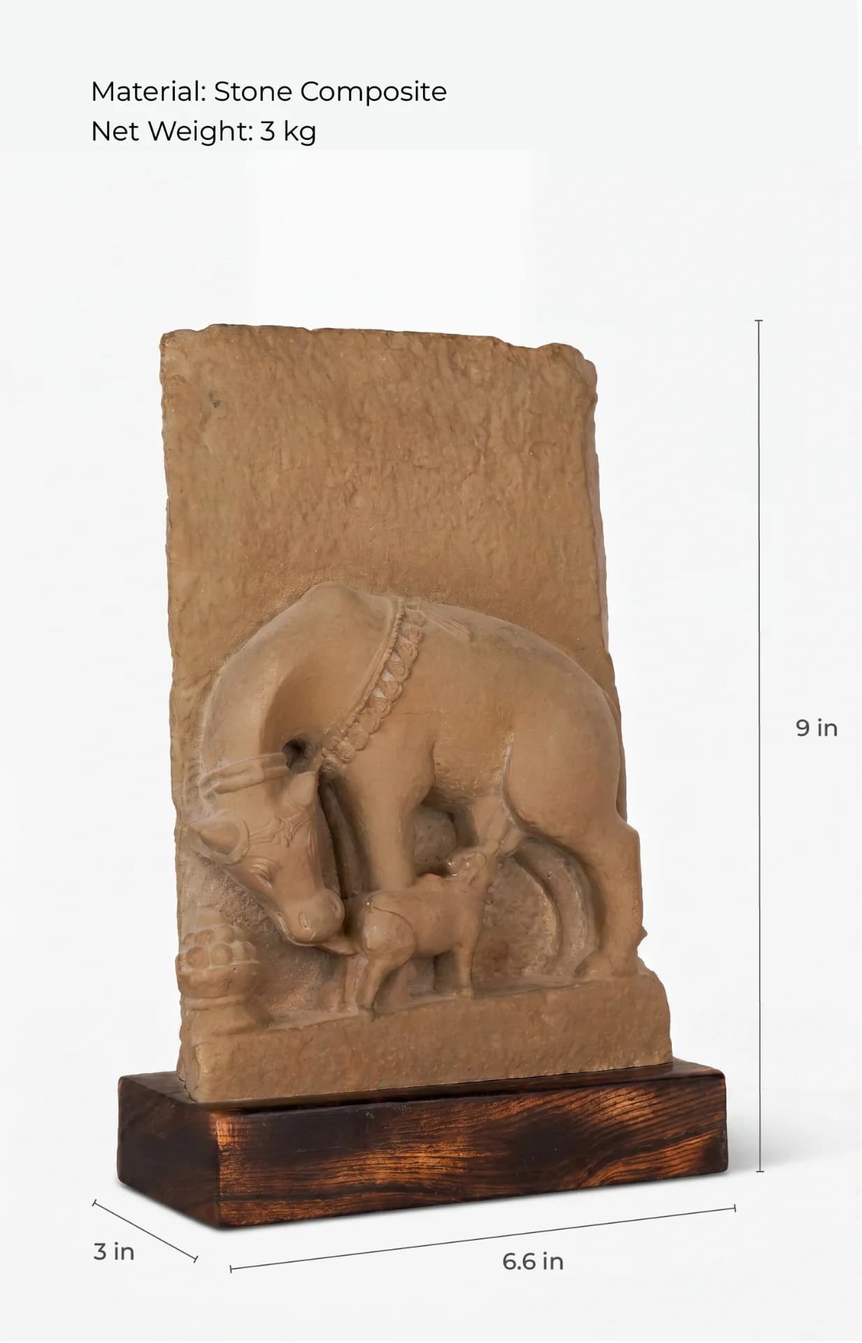 A three-quarter view of the Kamdhenu Sculpture stone composite replica, showing the divine cow and calf with measurement annotations.