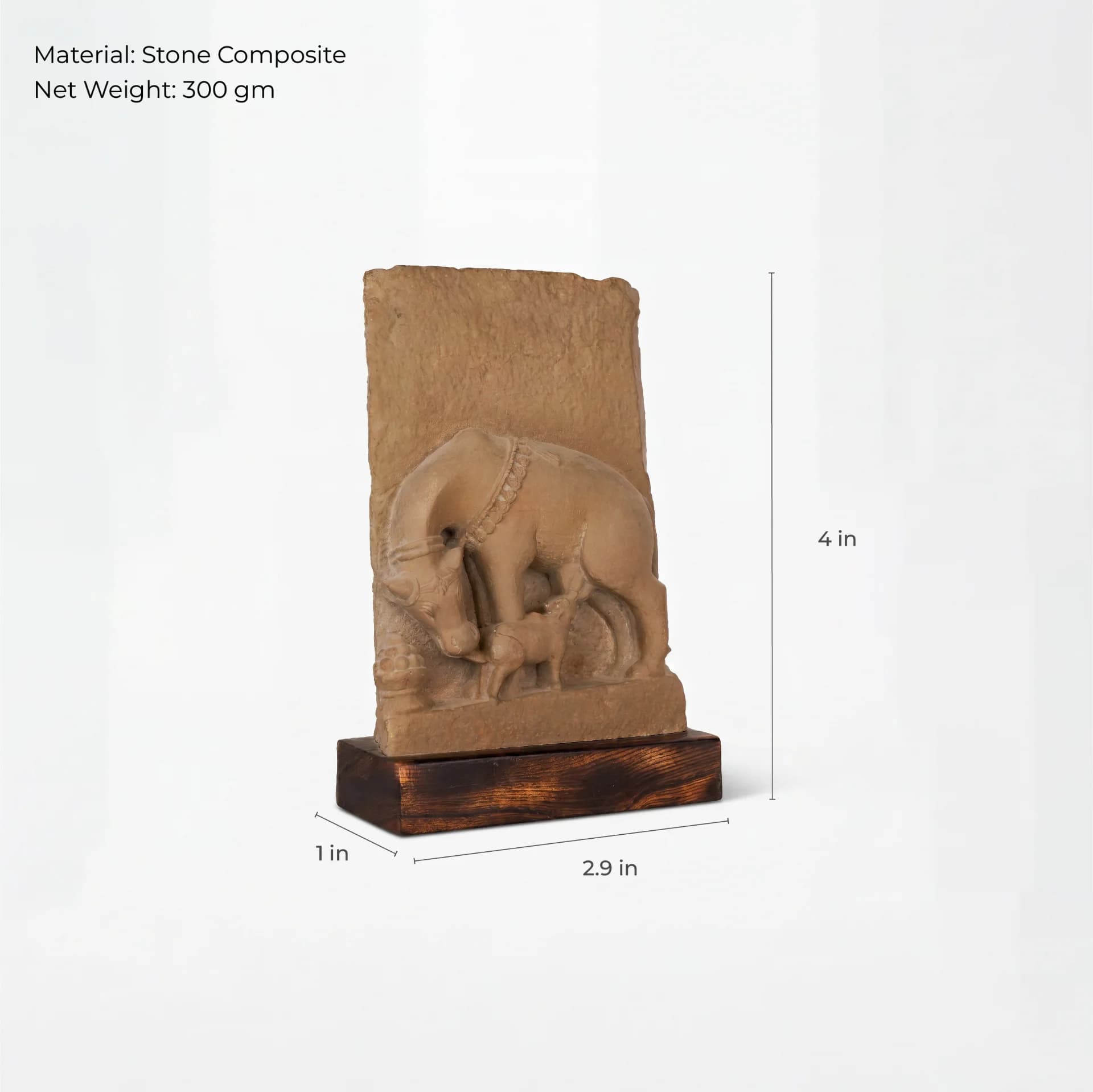 A Kamdhenu Sculpture replica in stone composite showing the cow and calf with measurement lines indicating size.