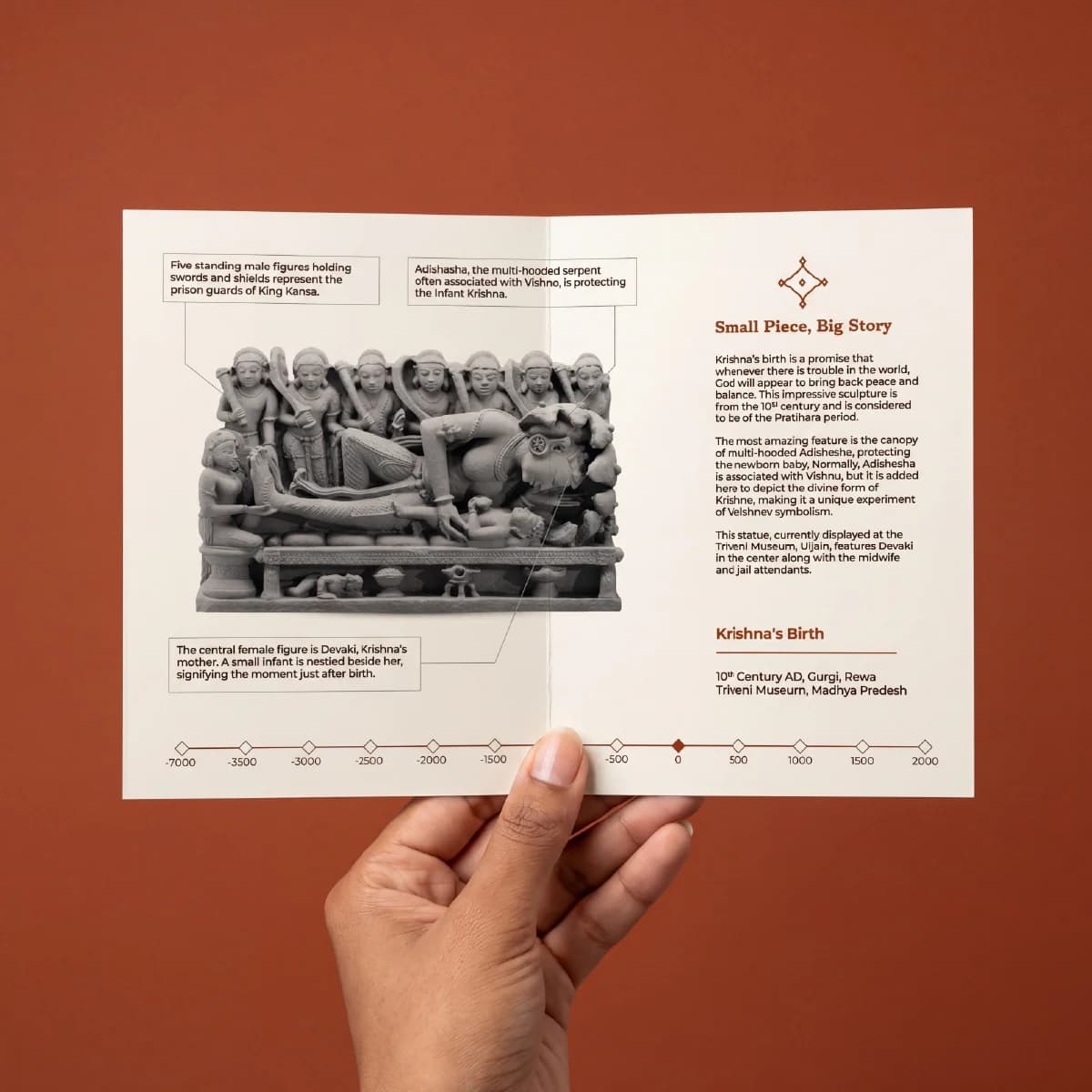 A hand holds an educational brochure featuring the Krishna's Birth Sculpture, a detailed stone-style replica with annotated historical context.