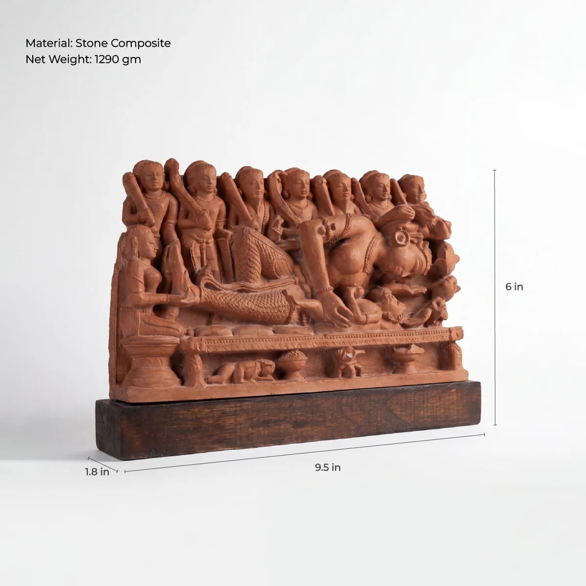 A stone composite Krishna's Birth Sculpture replica showing intricate carvings of Devaki and guards on a wooden base.