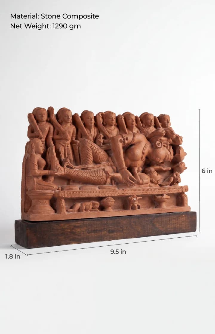 A stone composite Krishna's Birth Sculpture showing Devaki with the infant Krishna, presented as a detailed museum-grade replica.