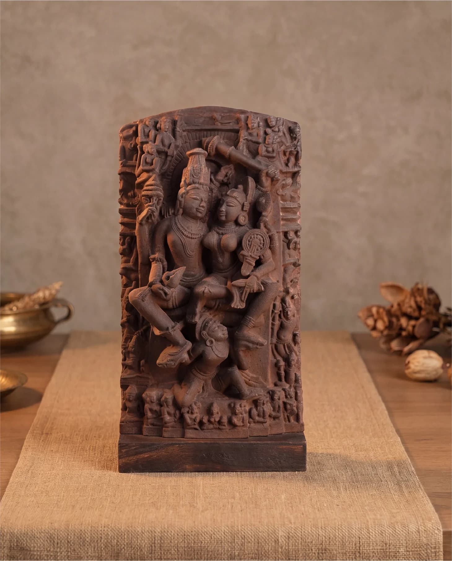 A front-facing view of the Lakshmi Narayan Sculpture, a detailed sandstone-style museum replica showing the deities seated together.