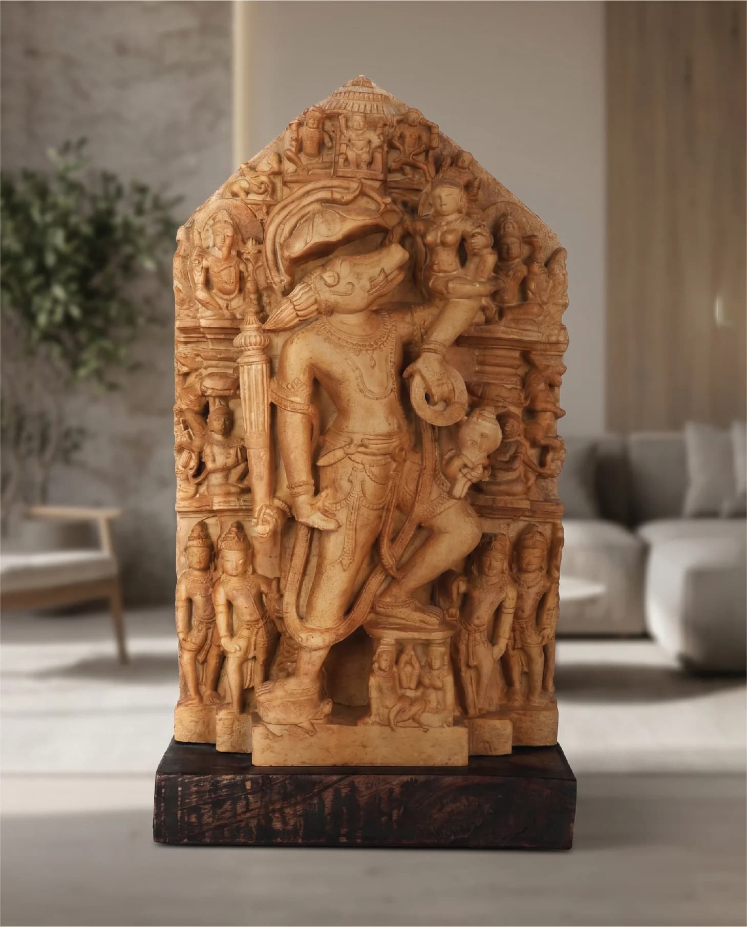 A detailed stone composite Nar Varaha Sculpture showing the man-boar deity carrying Bhudevi, presented as a museum-quality heritage replica.