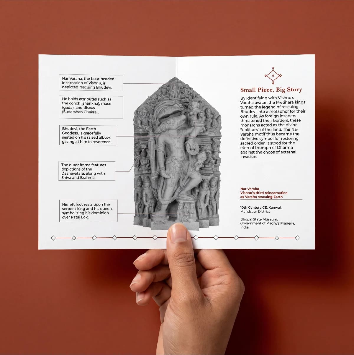 A hand holds an informational card featuring the Nar Varaha Sculpture, a stone composite replica with detailed annotations about the deity.