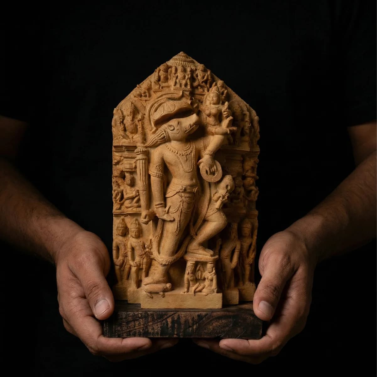 Hands holding a stone composite Nar Varaha Sculpture, showcasing the intricate 10th-century temple art replica against a black background.
