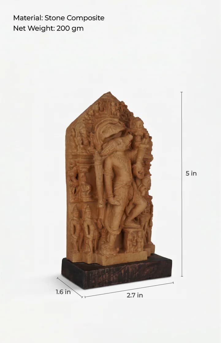 A three-quarter view of the Nar Varaha Sculpture, a detailed stone composite replica showing the deity with Bhudevi and measurement annotations.