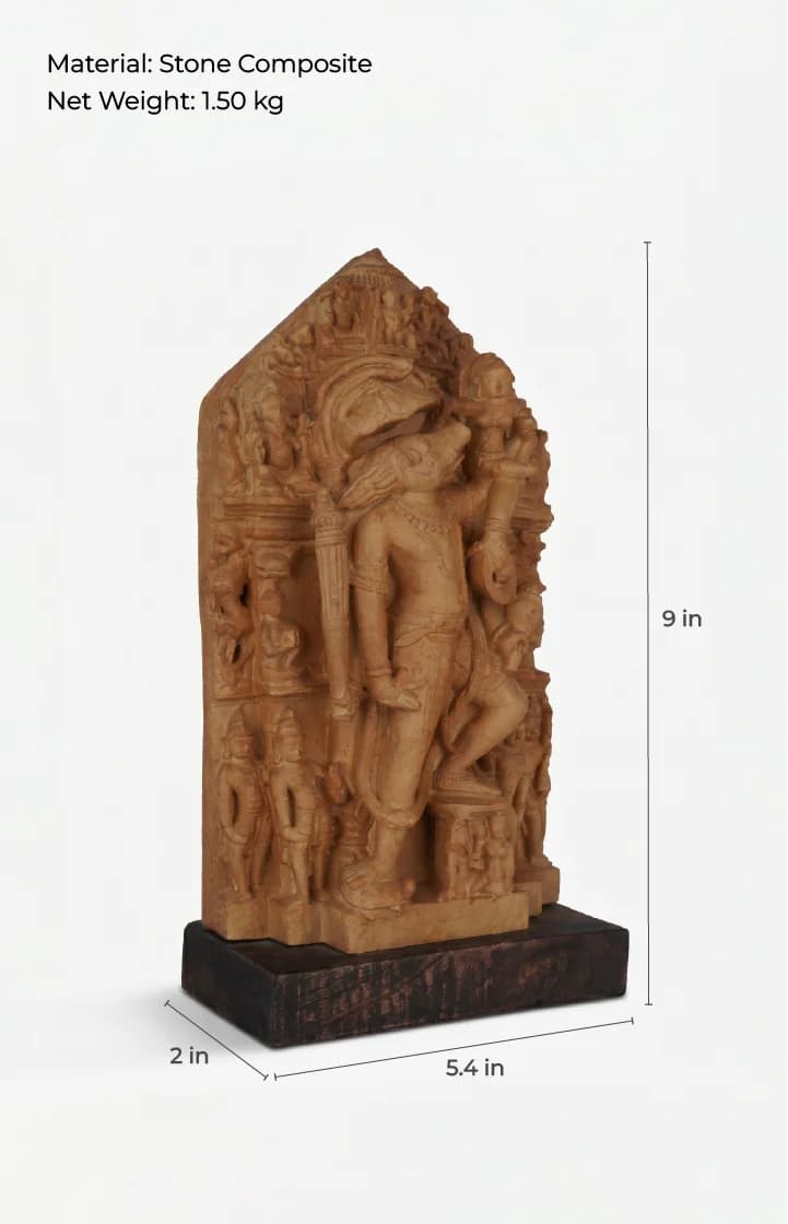 A three-quarter view of the Nar Varaha Sculpture, a stone composite replica showing detailed temple art with measurement lines.