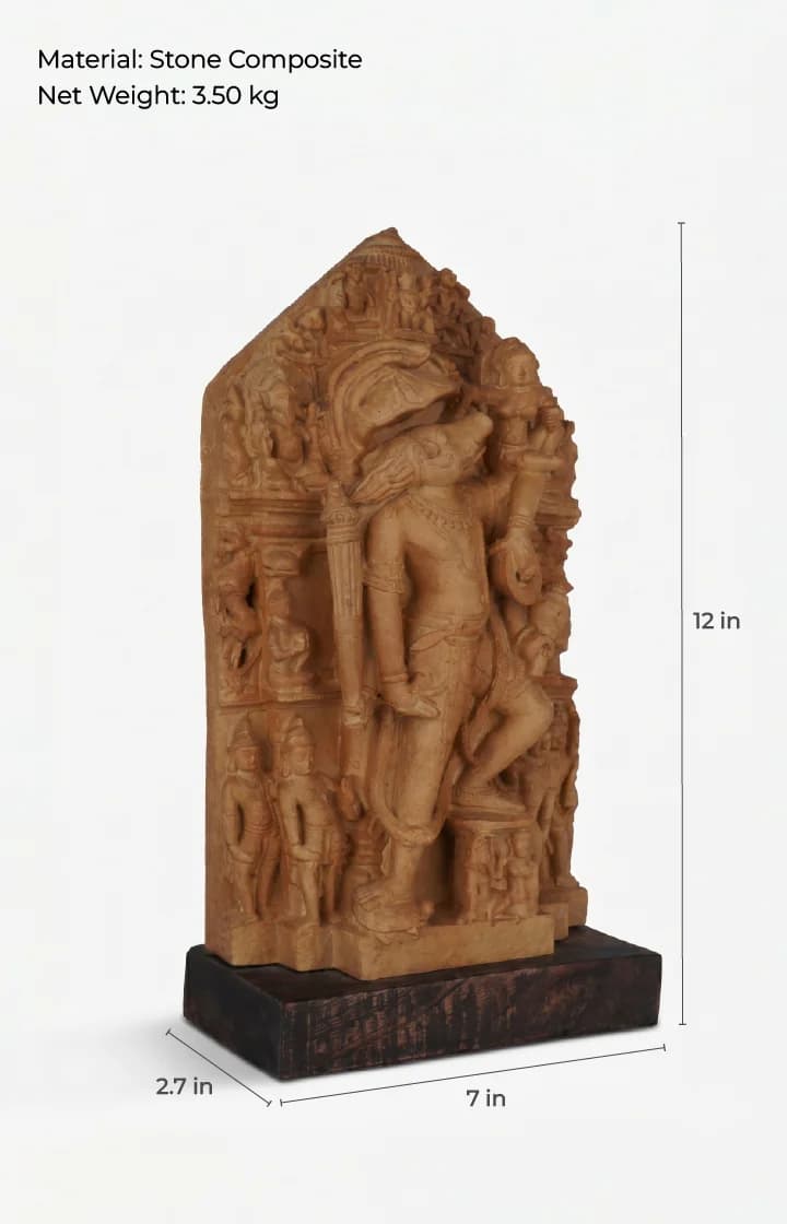 A three-quarter view of the Nar Varaha Sculpture, a stone composite replica showing detailed temple carvings and dimensions.