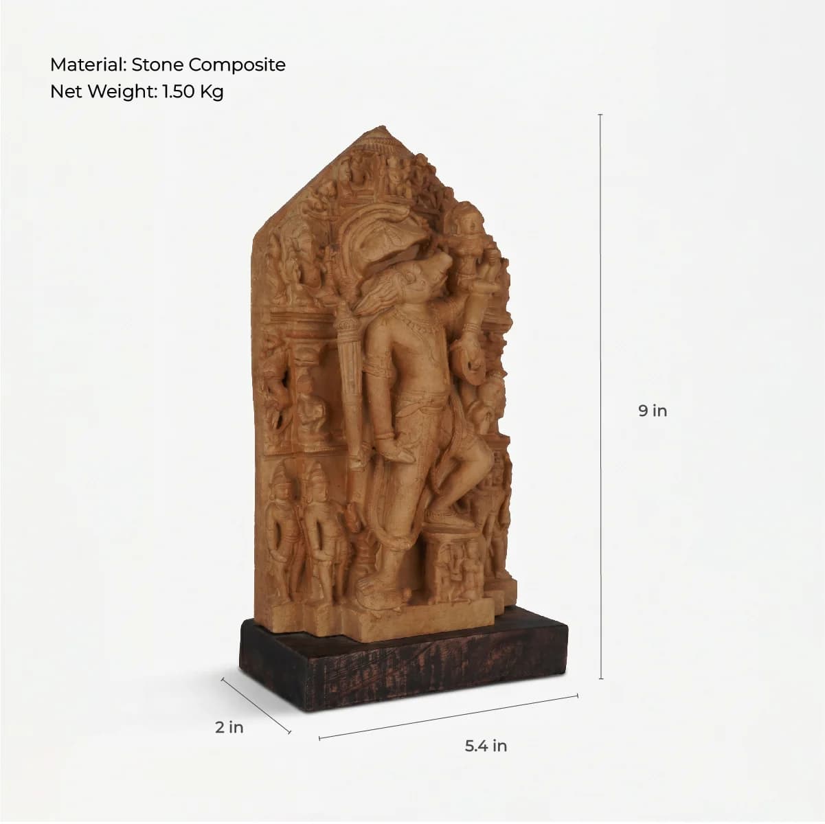 A three-quarter view of the Nar Varaha Sculpture, a detailed stone composite replica showing measurements for height, width, and depth.