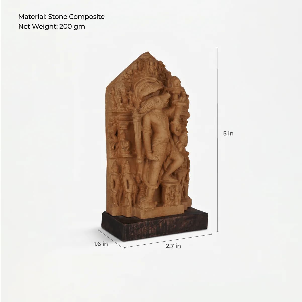A three-quarter view of the Nar Varaha Sculpture, a detailed stone composite replica showing measurements for height, width, and depth.