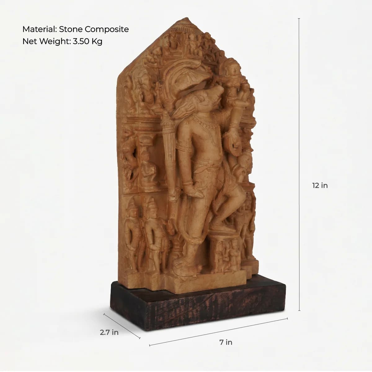 A three-quarter view of the Nar Varaha Sculpture, a detailed stone composite replica showing the deity rescuing Bhudevi.