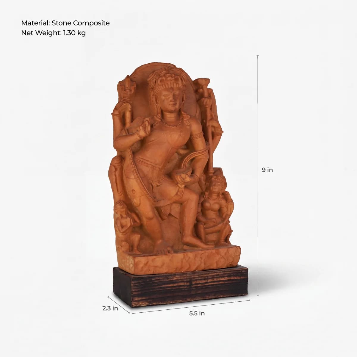 A stone composite Natesh Shiva Sculpture replica shown from the front with measurement lines indicating its height and width.