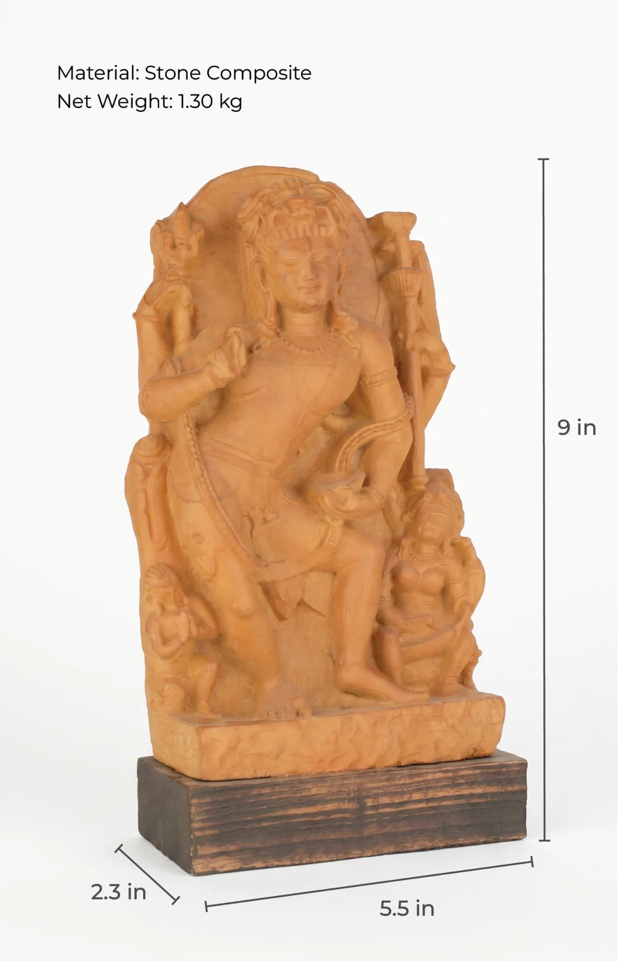 A front-view studio shot of the Natesh Shiva Sculpture, a stone composite replica showing detailed dimensions for height, width, and depth.