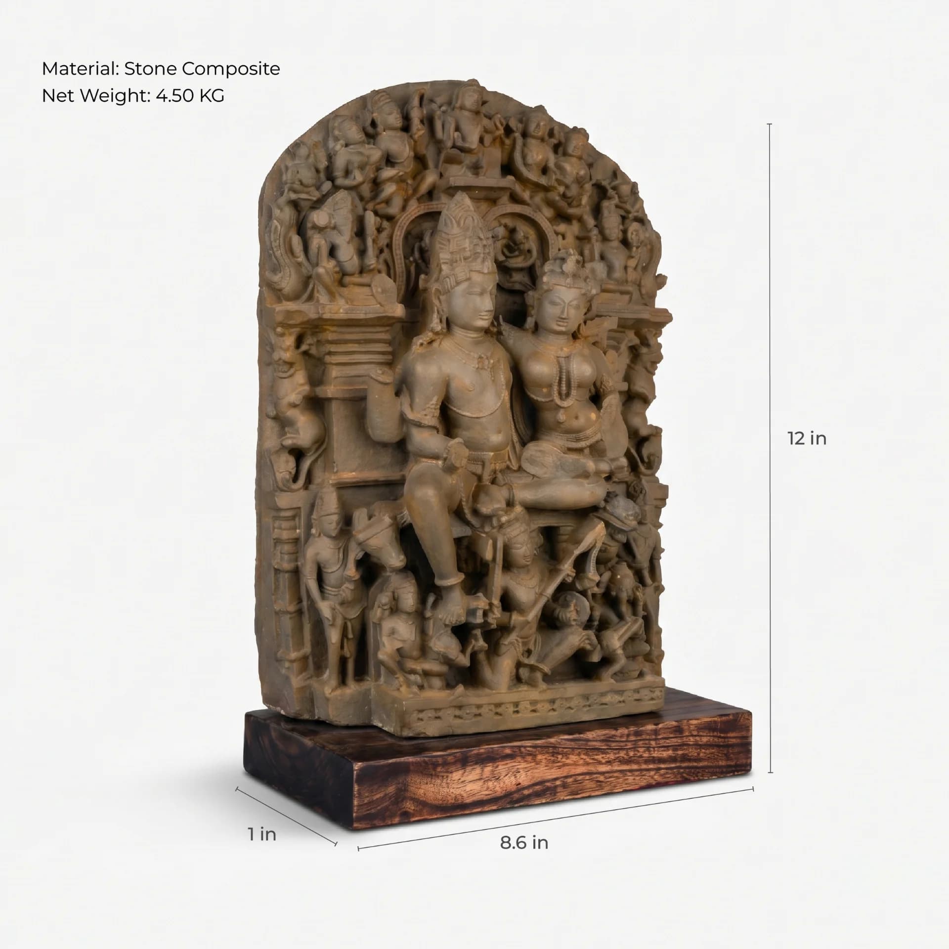 A three-quarter view of the Ravananugraha Sculpture, a hand-finished stone composite replica featuring detailed carvings mounted on a teak base.