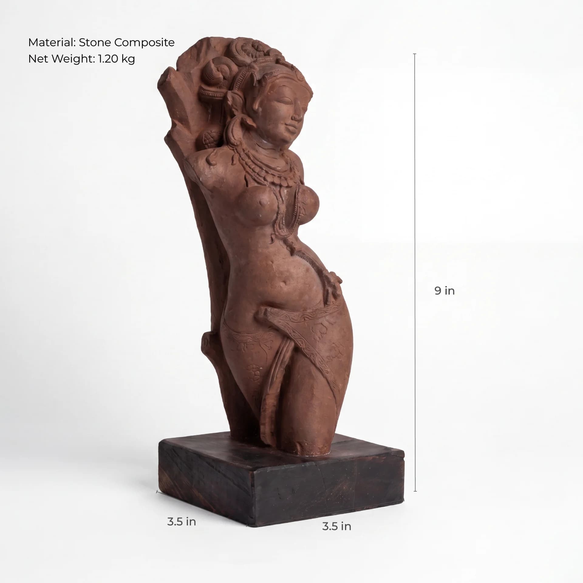A three-quarter view of the Salabhanjika Sculpture, a stone composite replica showing height and width dimensions against white.
