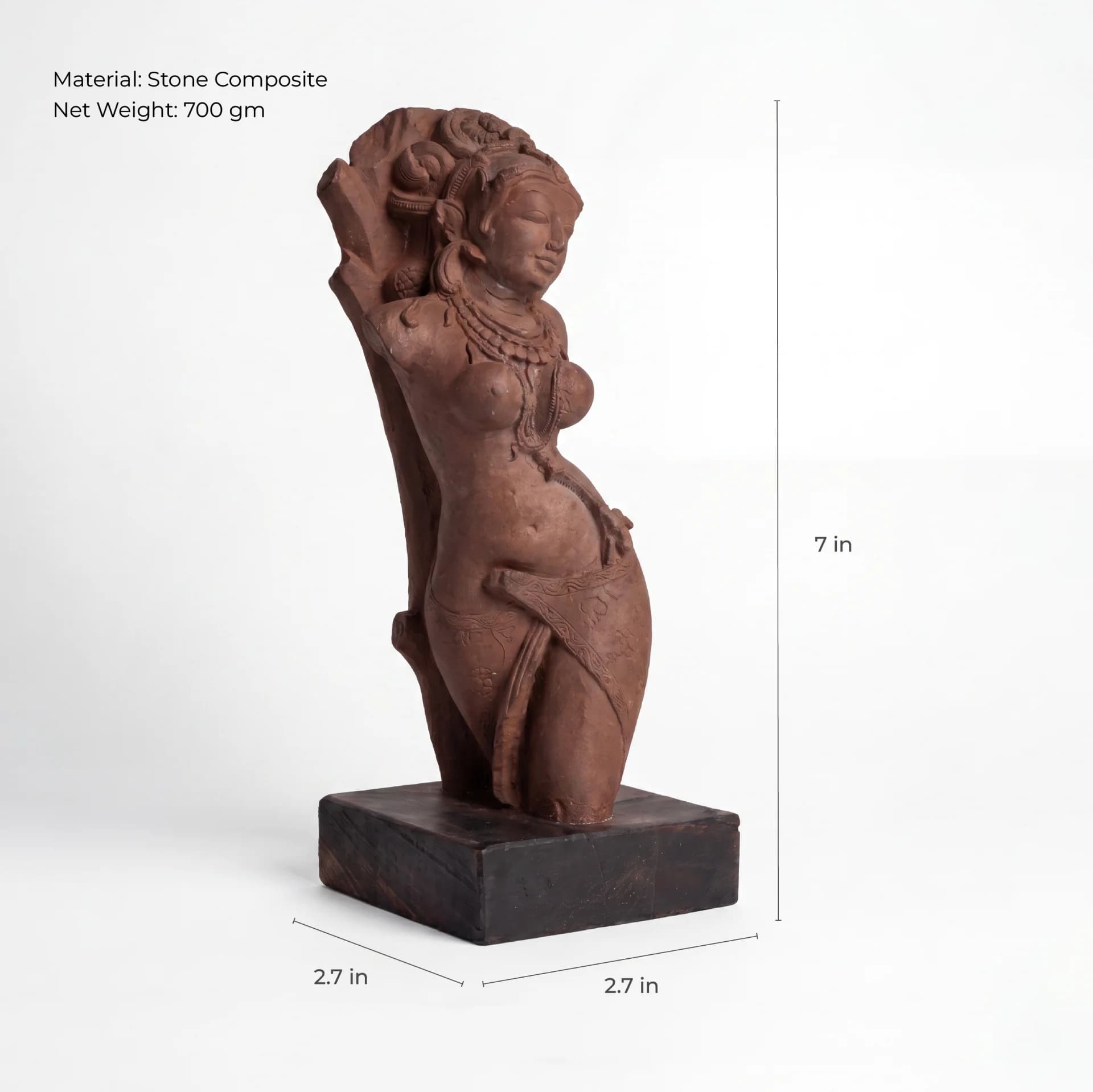A stone composite Salabhanjika Sculpture replica shown from a three-quarter angle with annotated height and width measurements.