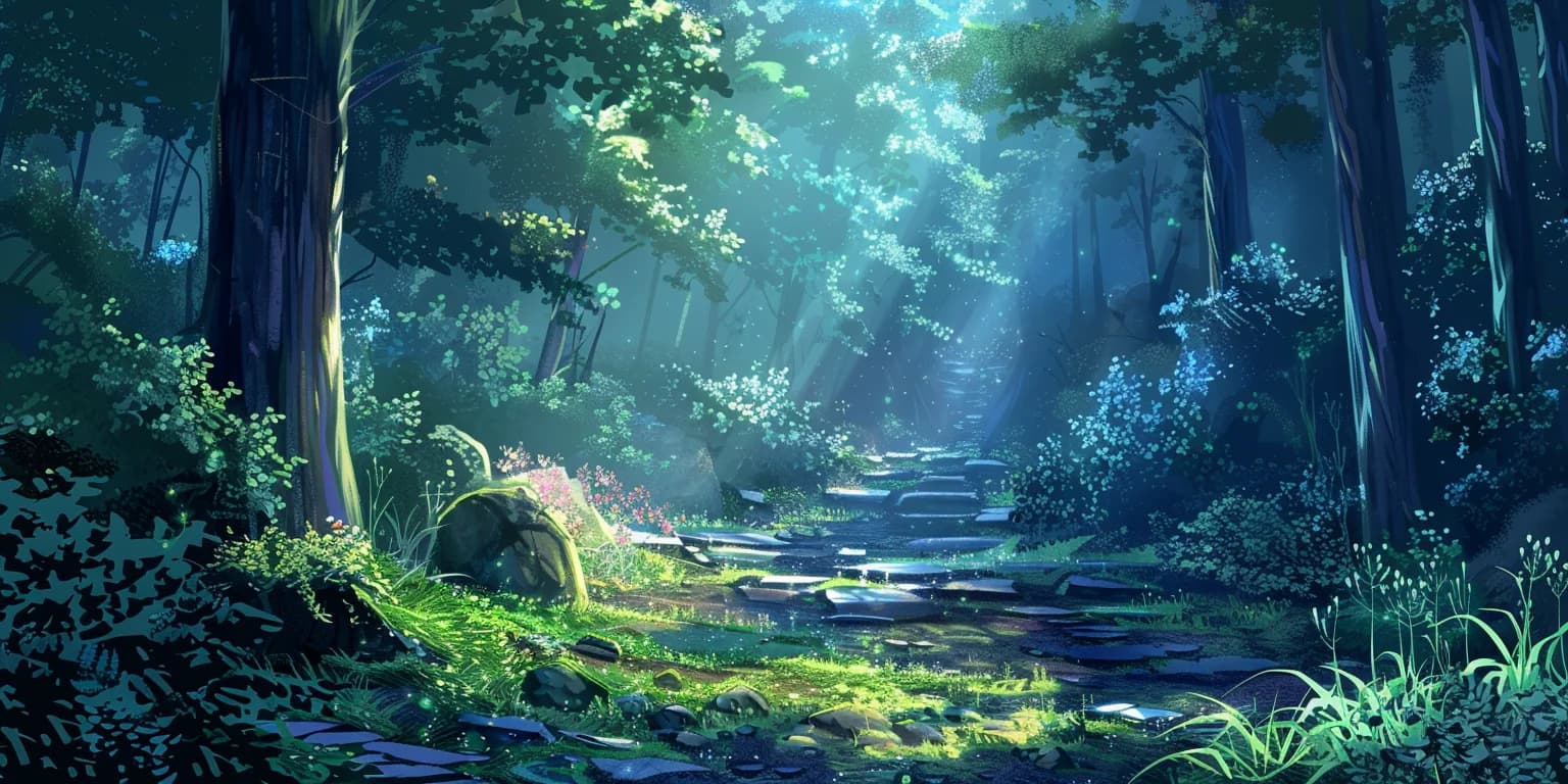A serene, sun-dappled forest path featuring the Test-BOM, set against a backdrop of vibrant, hand-painted style lush greenery.