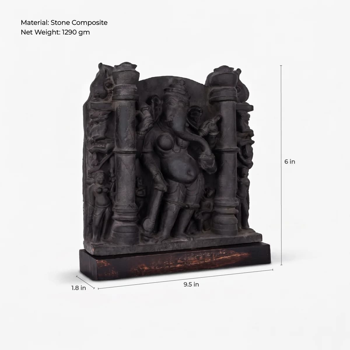A three-quarter view of the Vinayaki Sculpture, a dark stone composite replica featuring detailed temple architecture and measurements.