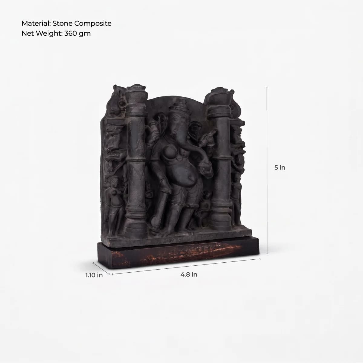 A three-quarter view of the Vinayaki Sculpture stone composite replica, showing detailed temple architecture and dimensions on a white background.