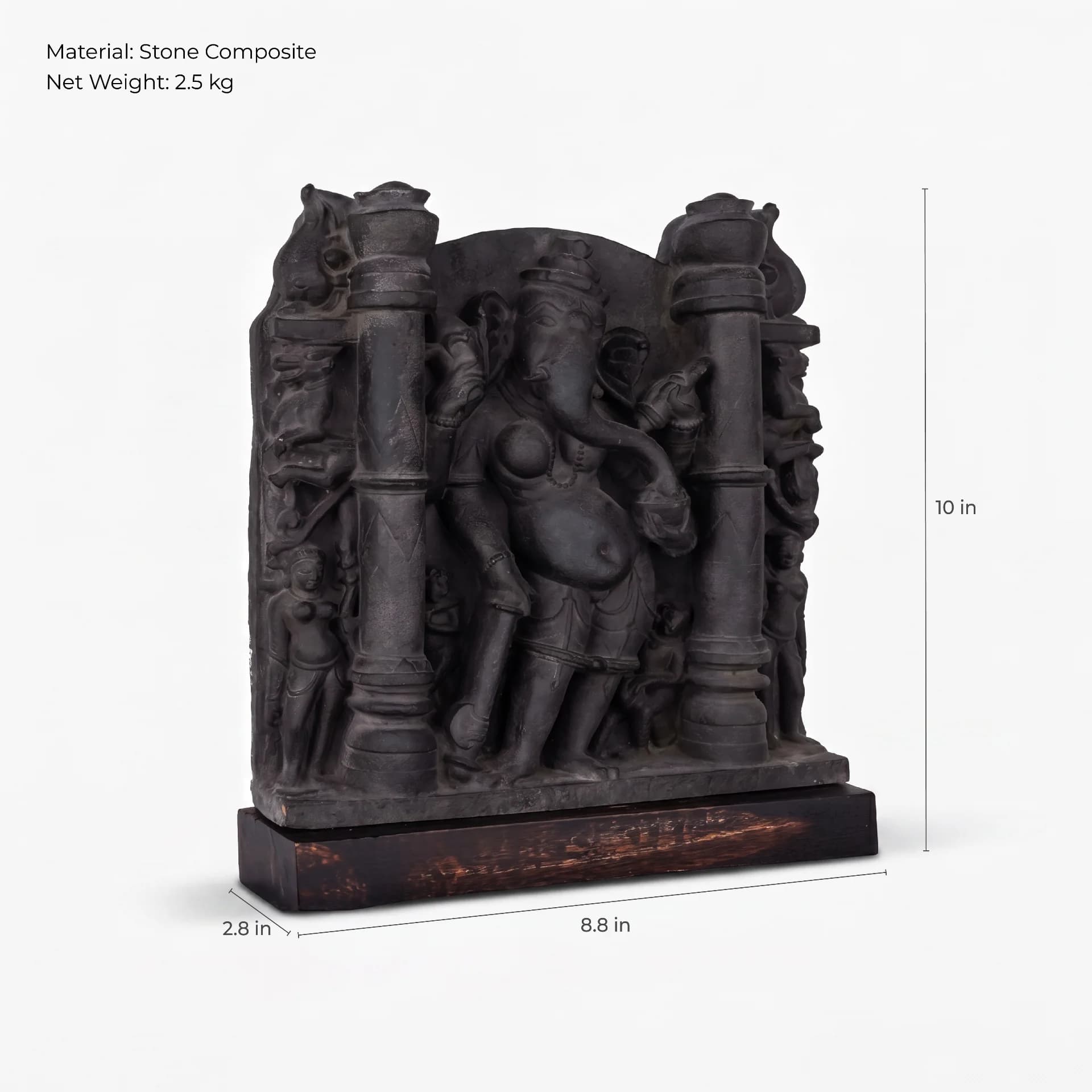 A three-quarter view of the Vinayaki Sculpture stone composite replica, showing detailed temple architecture and dimensions on a white background.