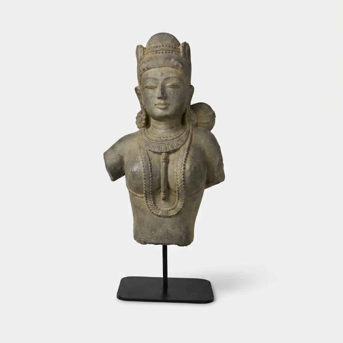 A front-facing view of the Female Figure Bust Sculpture, showcasing intricate Chola style details on hand-finished stone composite.