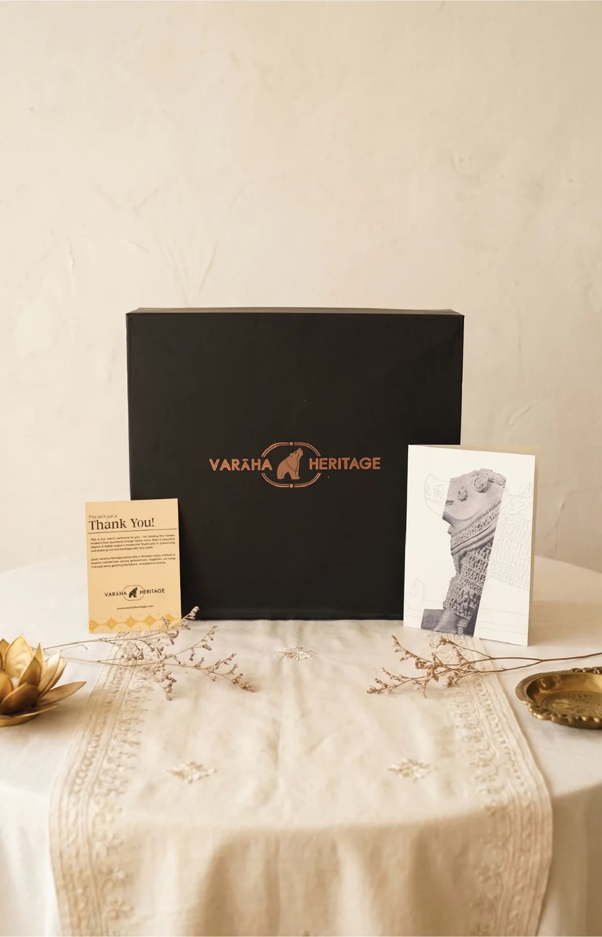 The Adi Varaha Sculpture arrives in a premium black gift box alongside a thank you note and illustrated card.
