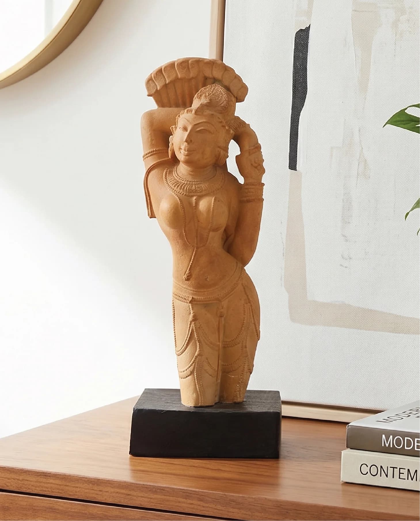 A front-facing view of the Alasa Nayika Sculpture, a sandstone-style replica showing a woman in a graceful tribhanga pose.