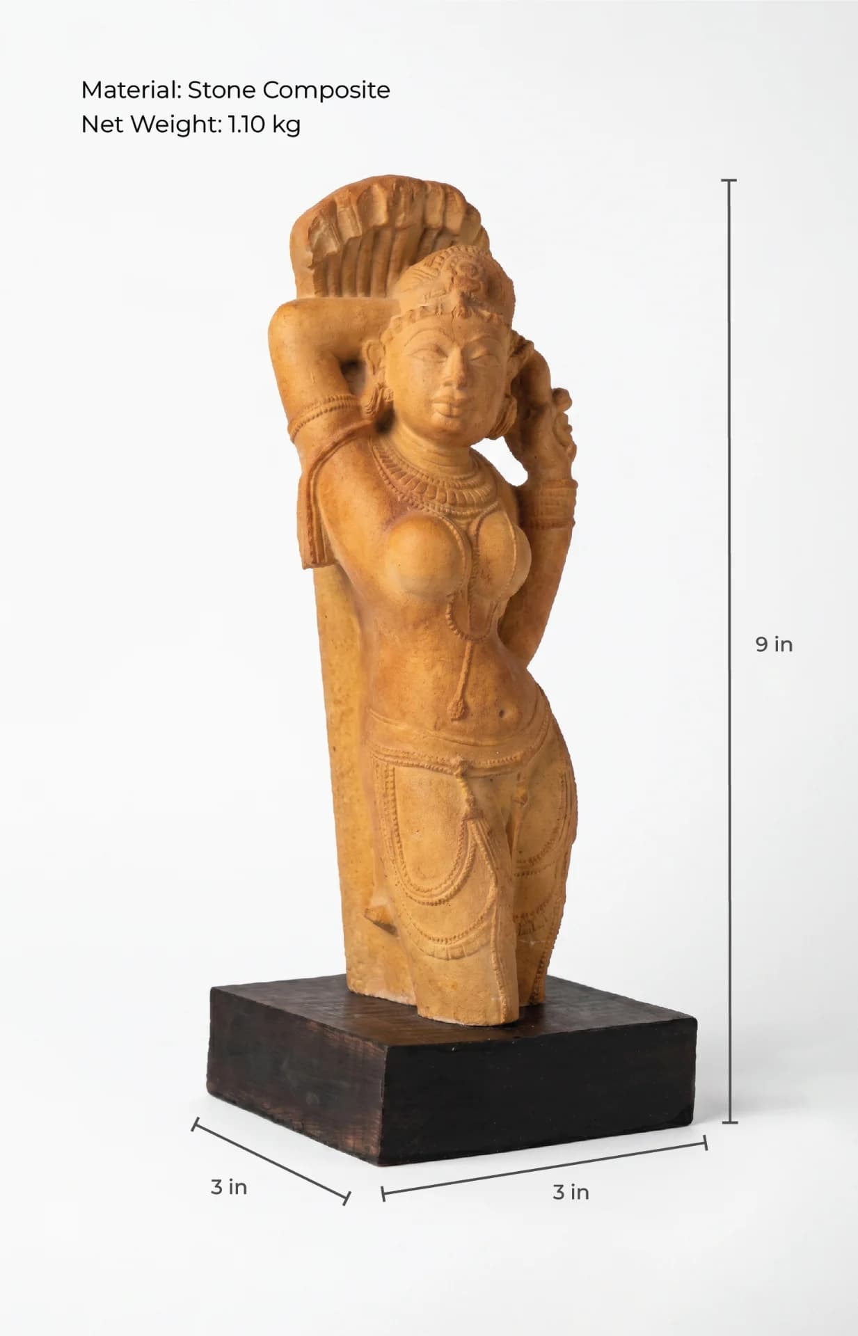 A stone composite Alasa Nayika sculpture standing on a dark base, showcasing intricate temple art details and dimensions.