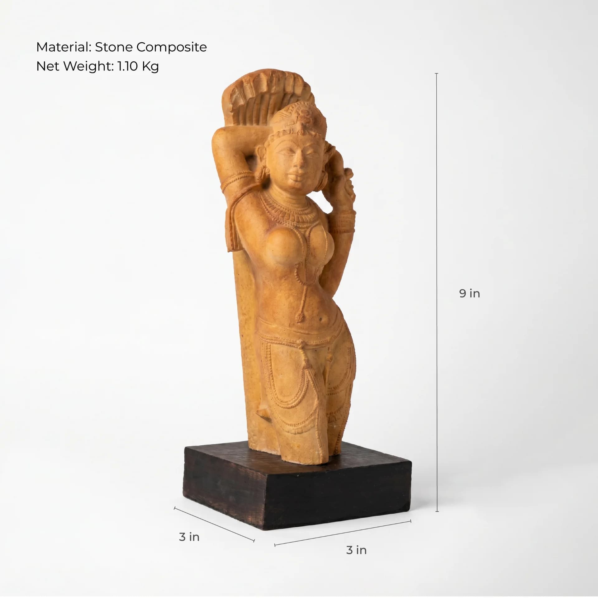A stone composite Alasa Nayika Sculpture replica shown in three-quarter view with annotated height and width dimensions.