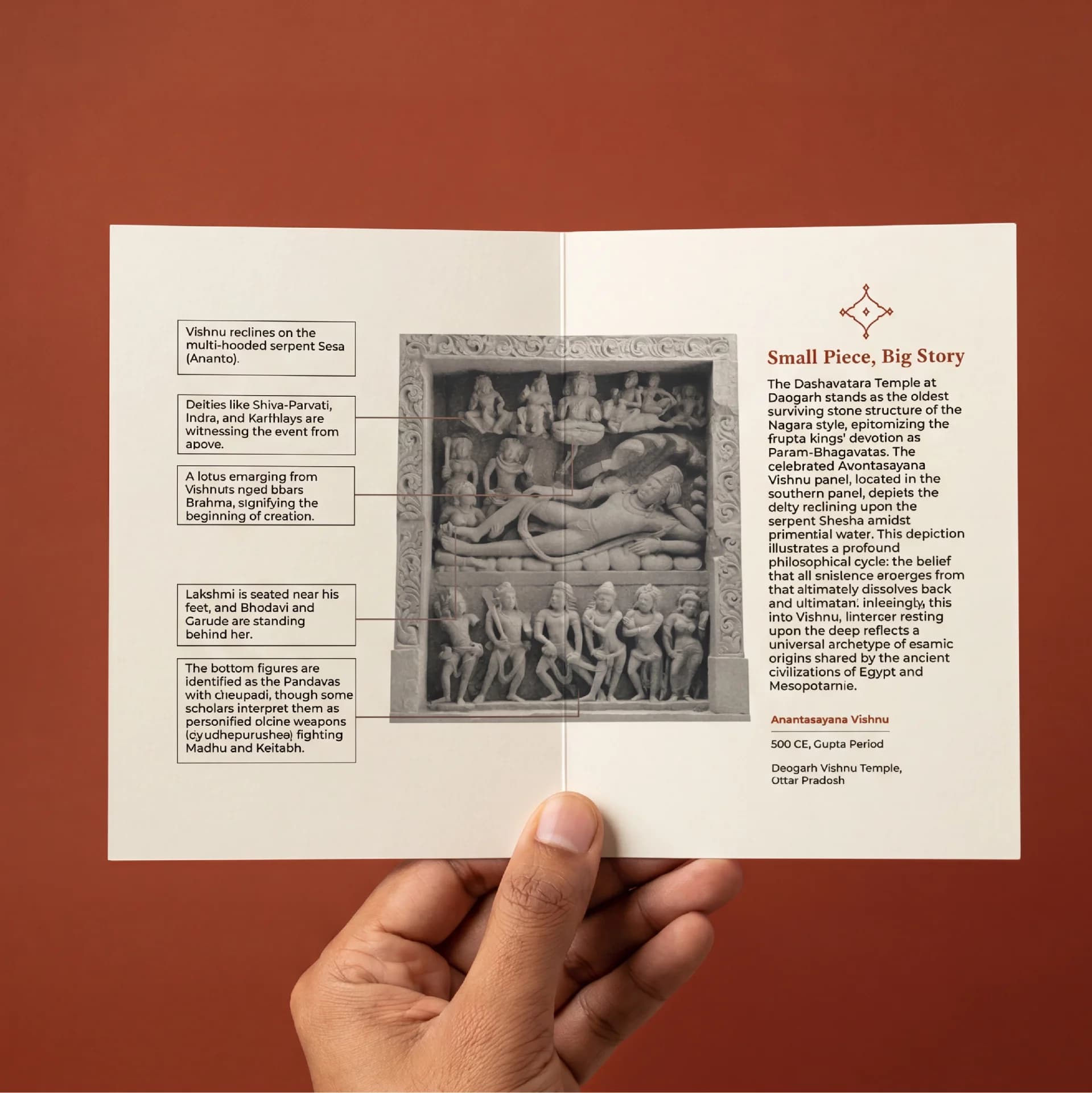 A pair of hands holds an open brochure featuring the Anantasayana Vishnu Sculpture with detailed annotations explaining the historical iconography.