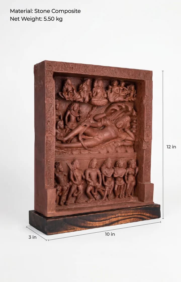 An Anantasayana Vishnu Sculpture stone composite replica showing intricate relief carvings of the deity reclining on a cosmic serpent.