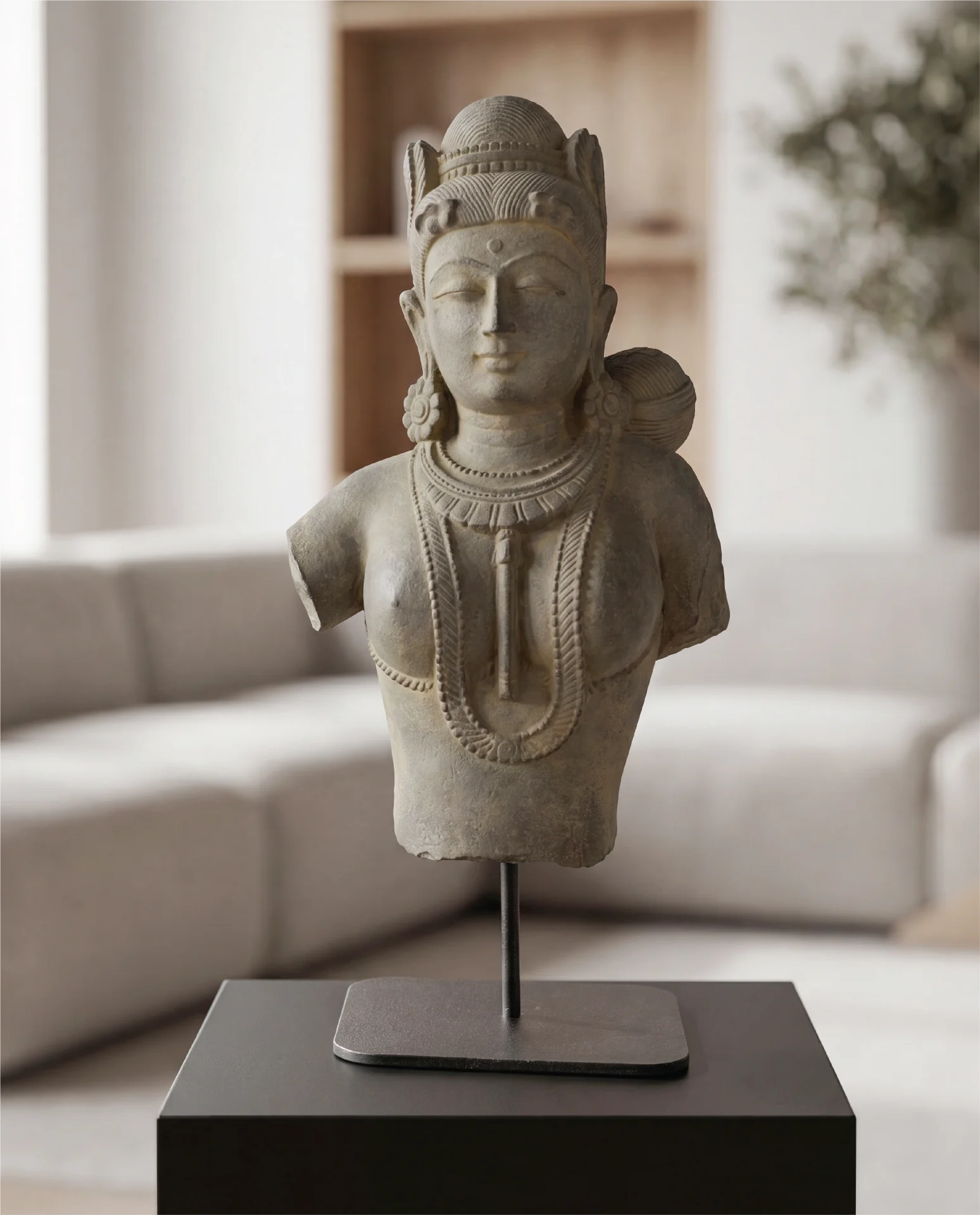 A front-facing view of the Female Figure Bust Sculpture, featuring intricate Chola style details on a stone composite finish.