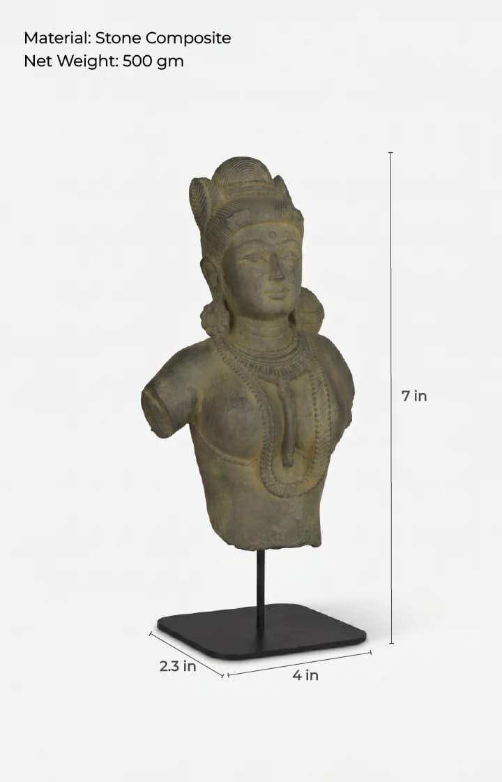 Female Figure Bust Sculpture shown in three-quarter view, featuring stone composite material with annotated height and base dimensions.